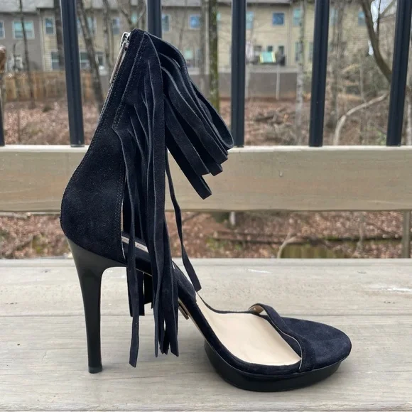 Michael Kors Daphne Black Fringe Platform Open Toe Stiletto Sandals Shoes 39.5 - Picture 11 of 16